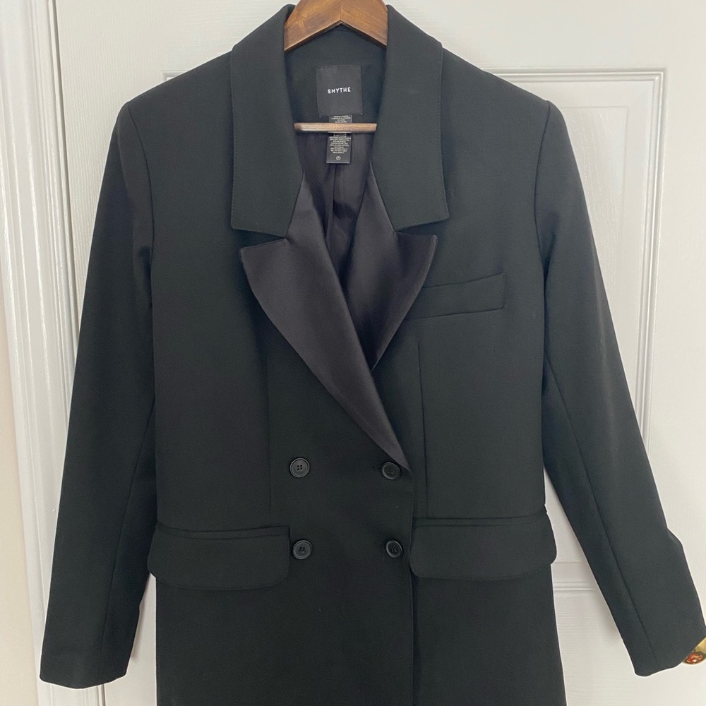 Smythe Black Double-Breasted Satin Lapel Blazer